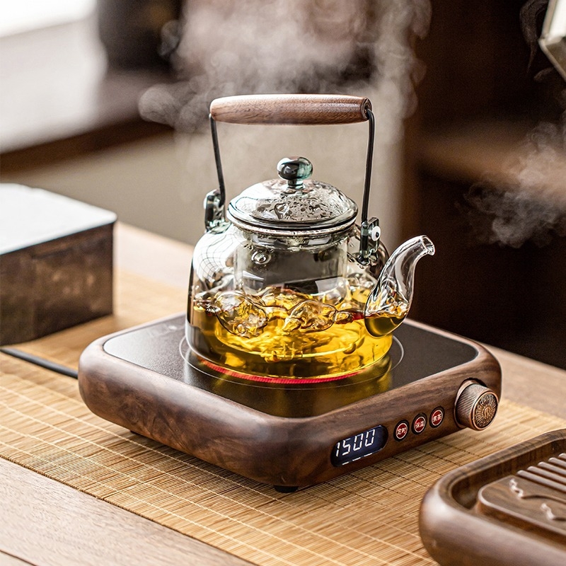 Ceainic electric din lemn de nuc, cu corp din sticlă, pentru ceai de fructe, rezistent la temperaturi înalte, stil chinezesc