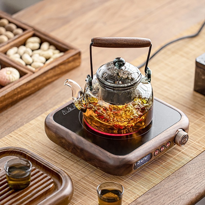 Ceainic electric din lemn de nuc, cu corp din sticlă, pentru ceai de fructe, rezistent la temperaturi înalte, stil chinezesc