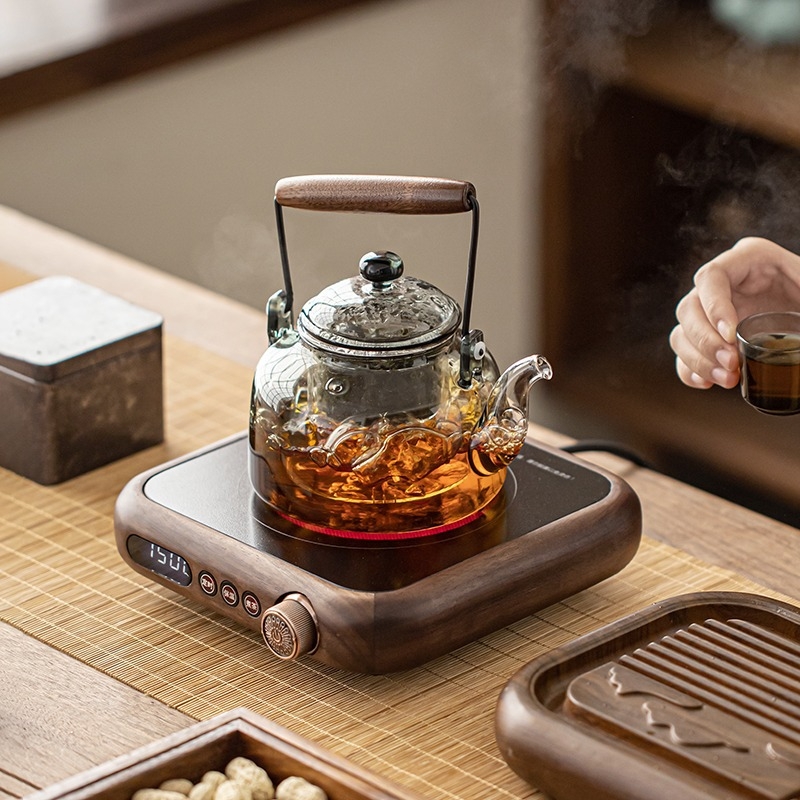 Ceainic electric din lemn de nuc, cu corp din sticlă, pentru ceai de fructe, rezistent la temperaturi înalte, stil chinezesc