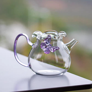 Ceainic de sticlă creativ cu Lily of the Valley și fluture la margine, sticlă borosilikată, stil drăguț
