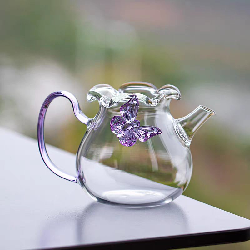 Ceainic de sticlă creativ cu Lily of the Valley și fluture la margine, sticlă borosilikată, stil drăguț