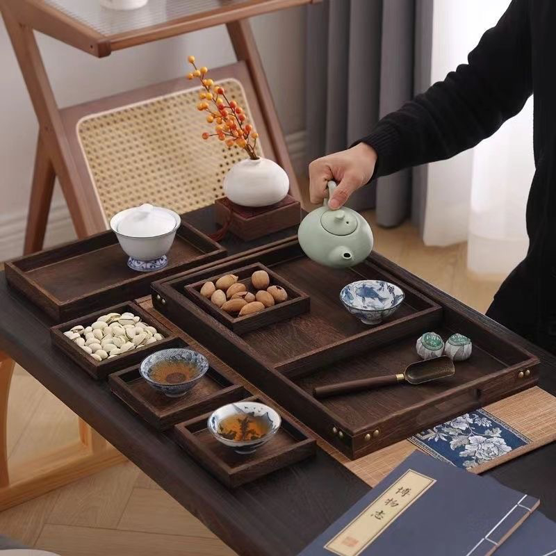 Tavă de ceai din lemn masiv, în stil chinezesc, pentru fructe, dim sum și gustări