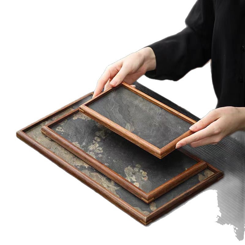 Tavă de ceai din piatră naturală cu panou de rocă, pentru afișare și depozitare, în stil Wabi-Sabi