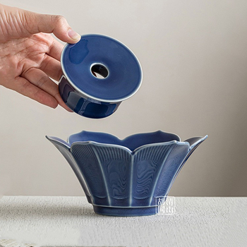 Suport retro pentru ceainic în formă de lotus, tavă ceramică pentru infuzare uscată, cu motiv de fructe albastre; boluri pentru gustări și farfurie delicată de servire ceai pentru uz casnic