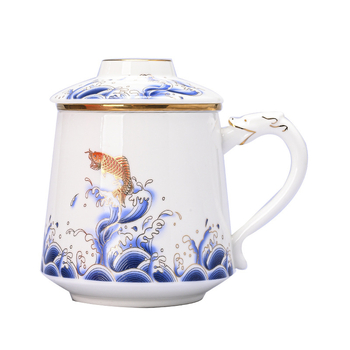 Ceșă de ceai din porțelan alb ca jadul, cu capac și filtru, pentru birou, stil chinezesc, cutie cadou, moștenire culturală imaterială