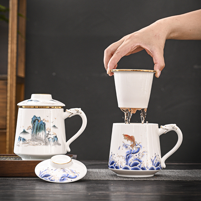 Ceșă de ceai din porțelan alb ca jadul, cu capac și filtru, pentru birou, stil chinezesc, cutie cadou, moștenire culturală imaterială