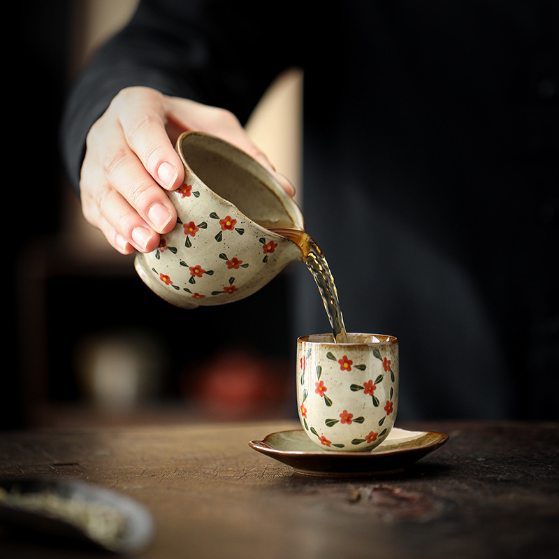 Set ceramic de ceai cu flori pictate manual, stil chinezesc, ceai vintage cu suport pentru acasă