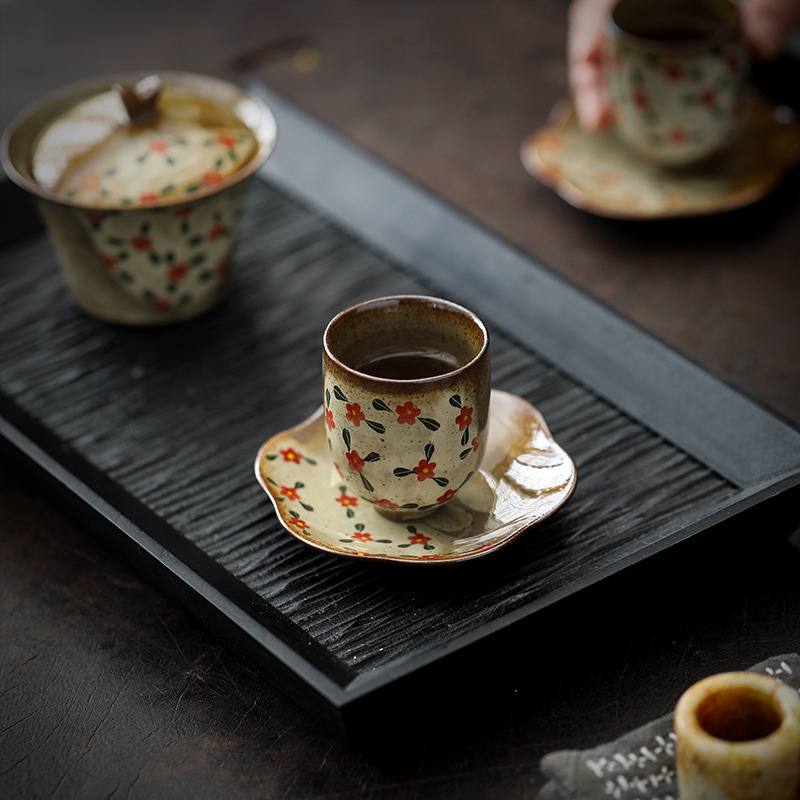 Set ceramic de ceai cu flori pictate manual, stil chinezesc, ceai vintage cu suport pentru acasă
