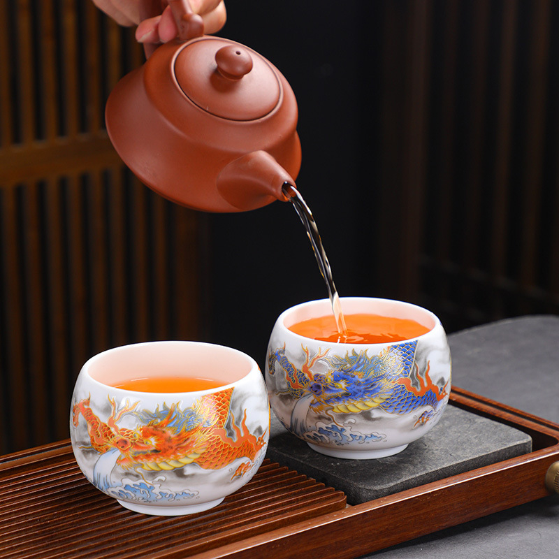 Set de ceai din porțelan Kung Fu cu ceașcă personală, email lucios cu efect Zen luminescent, stil chinezesc
