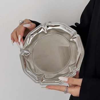 Tavă rotundă din oțel inoxidabil cu model gravat – suport decorativ pentru cești de ceai, depozitare bijuterii și gustări