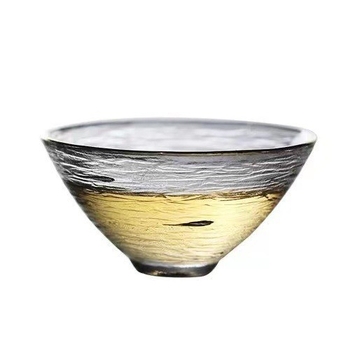 Set Gongfu din sticlă cu cești mici de degustare – transparent, rezistent la căldură, margine aurie și model ciocănit