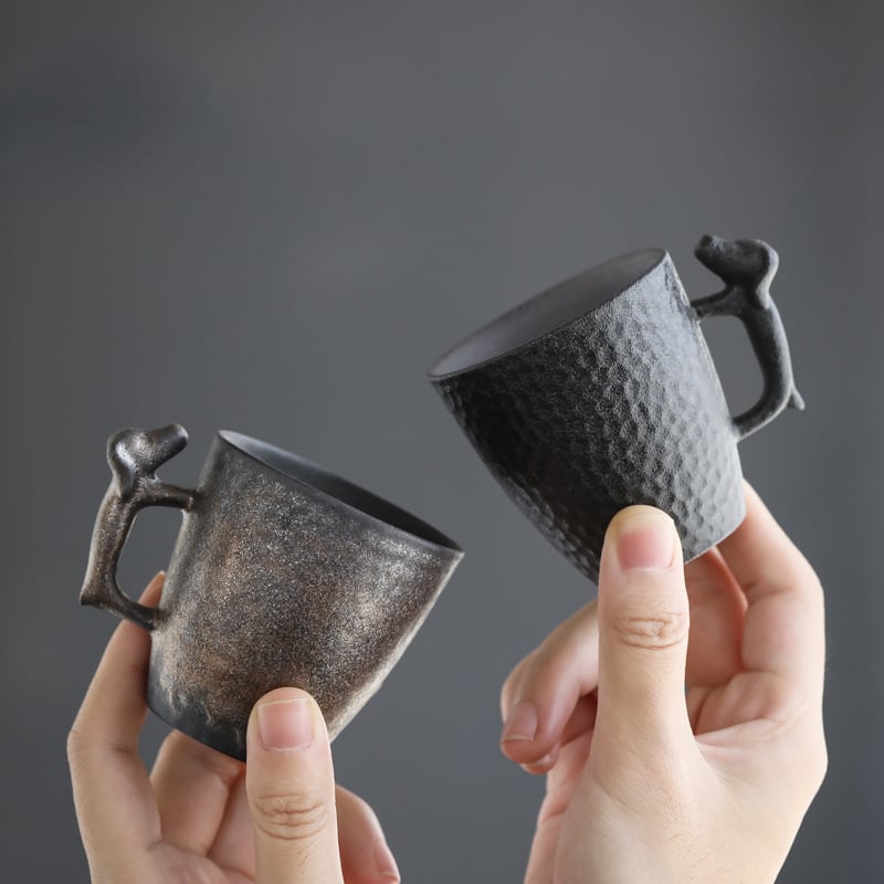 Ceșcă de ceai cu mâner din ceramică rustică, stil japonez retro, design wabi-sabi, pentru ceai și cafea