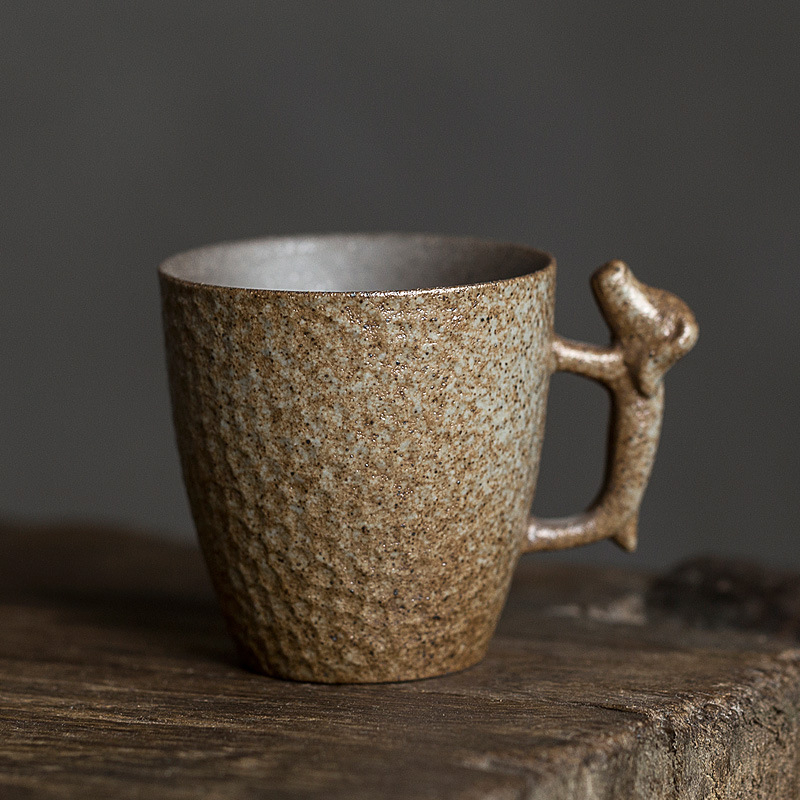Ceșcă de ceai cu mâner din ceramică rustică, stil japonez retro, design wabi-sabi, pentru ceai și cafea