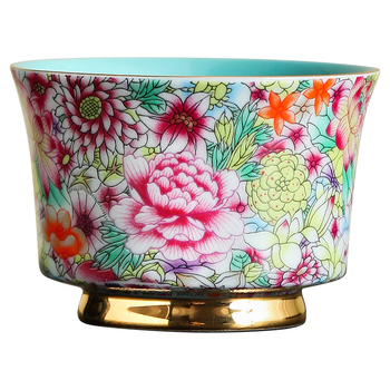 Ceșcă ceramică de ceai cu model floral emailat în aur, mare, pentru ceremonia de ceai Kung Fu, uz personal