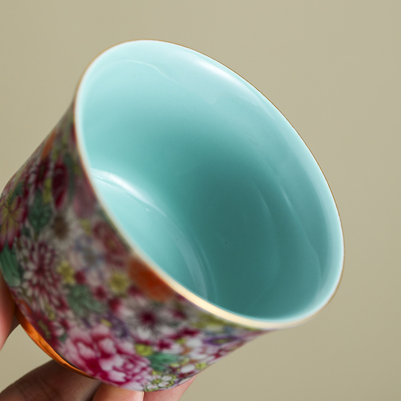 Ceșcă ceramică de ceai cu model floral emailat în aur, mare, pentru ceremonia de ceai Kung Fu, uz personal
