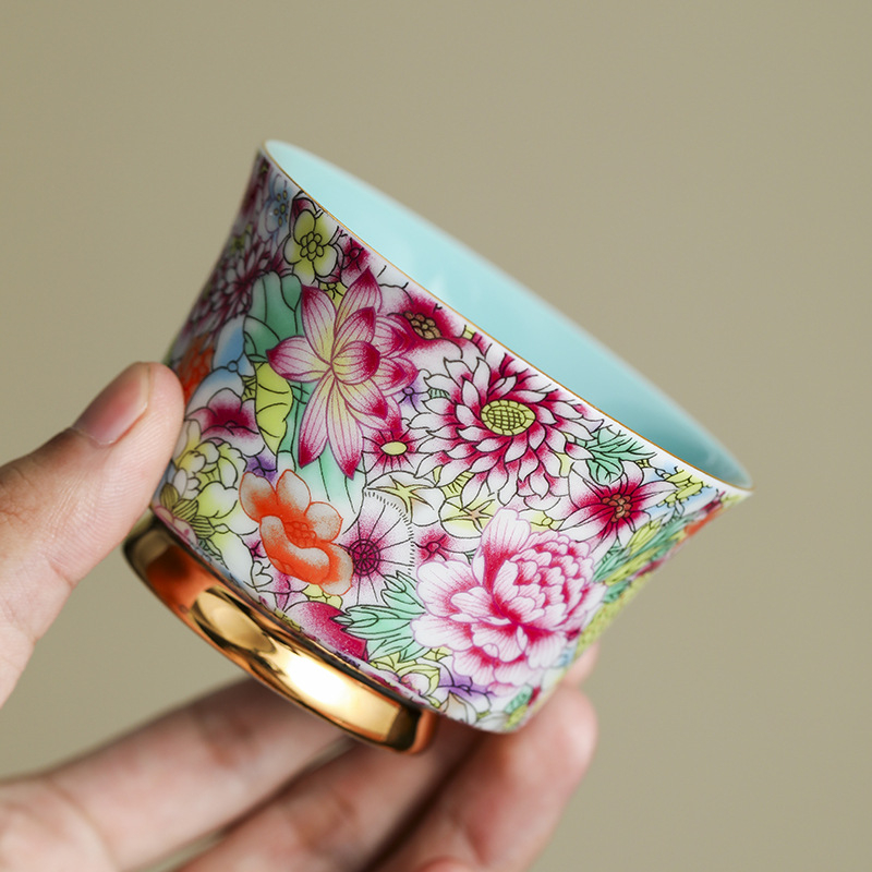 Ceșcă ceramică de ceai cu model floral emailat în aur, mare, pentru ceremonia de ceai Kung Fu, uz personal