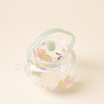 Ceainic cu mâner, din sticlă borosilicat rezistentă la căldură, pentru uz casnic, set: 1 ceainic și 2 cești, design floral