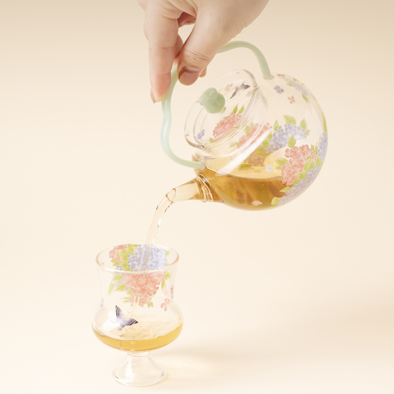 Ceainic cu mâner, din sticlă borosilicat rezistentă la căldură, pentru uz casnic, set: 1 ceainic și 2 cești, design floral