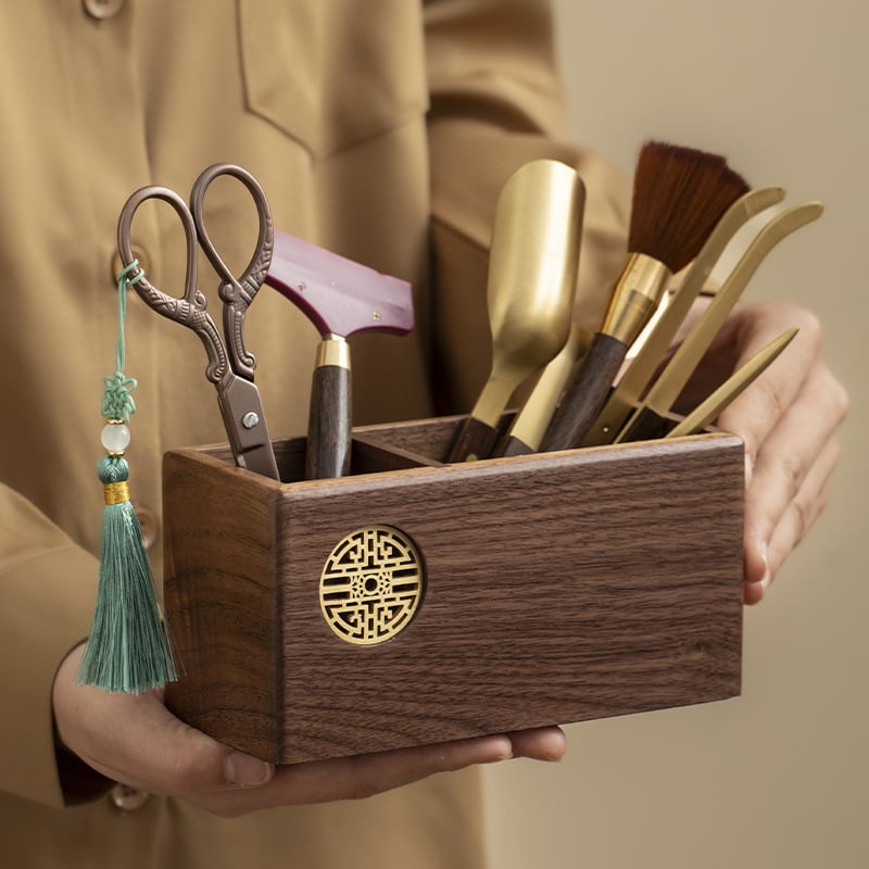 Set pentru ceremonie de ceai din lemn de nuc – Șase domni ai ceremoniei ceaiului, set Kung Fu cu accesorii și unelte: foarfece pentru ceai, clipsuri pentru ceai, perie, lingură pentru ceai, cuțit pentru ceai, răzuitor