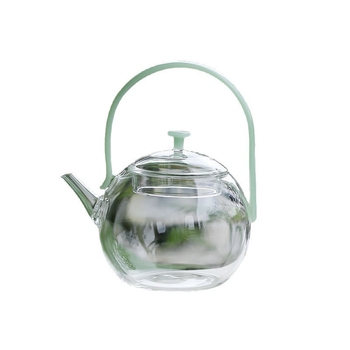 Ceainic din sticlă borosilicată cu mâner, design modern minimalist, sistem de separare ceai-apă, rezistent la temperaturi înalte, fabricat parțial manual