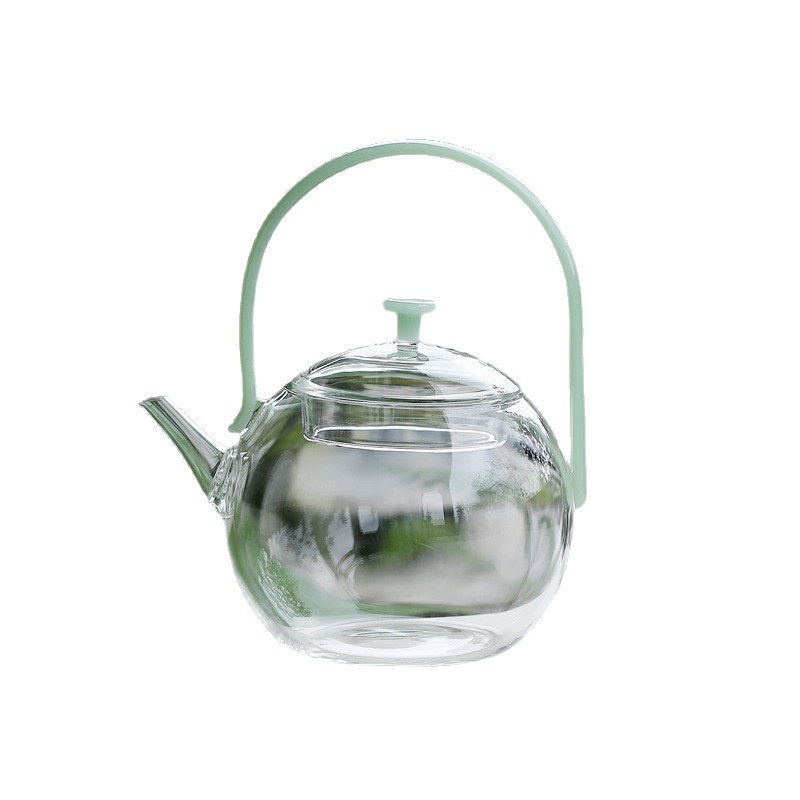 Ceainic din sticlă borosilicată cu mâner, design modern minimalist, sistem de separare ceai-apă, rezistent la temperaturi înalte, fabricat parțial manual