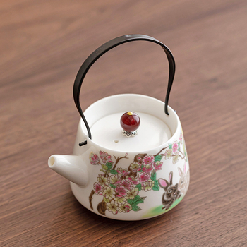 Ceainic din jad și porțelan cu mâner, set Kung Fu pentru ceai, ceainic unic cu bilă filtrantă, ceainic ceramic în formă de iepuraș care nu se încălzește