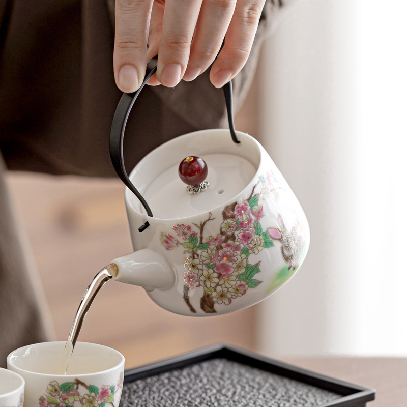 Ceainic din jad și porțelan cu mâner, set Kung Fu pentru ceai, ceainic unic cu bilă filtrantă, ceainic ceramic în formă de iepuraș care nu se încălzește