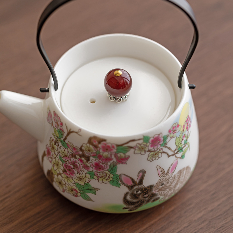 Ceainic din jad și porțelan cu mâner, set Kung Fu pentru ceai, ceainic unic cu bilă filtrantă, ceainic ceramic în formă de iepuraș care nu se încălzește