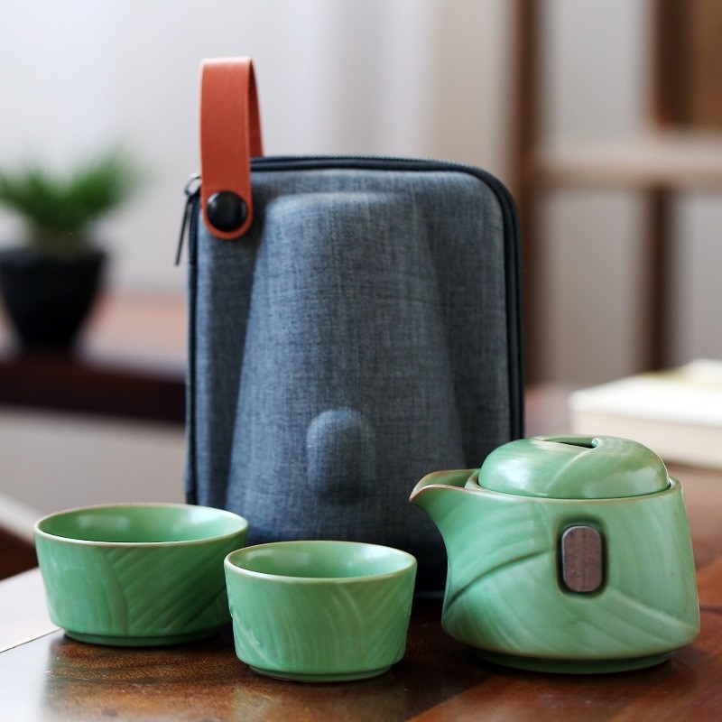 Set de ceai ceramic de călătorie cu o ceainică și două cești, în cutie cadou, kit portabil pentru ceremonia ceaiului
