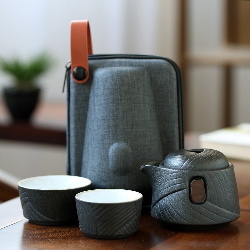 Set de ceai ceramic de călătorie cu o ceainică și două cești, în cutie cadou, kit portabil pentru ceremonia ceaiului