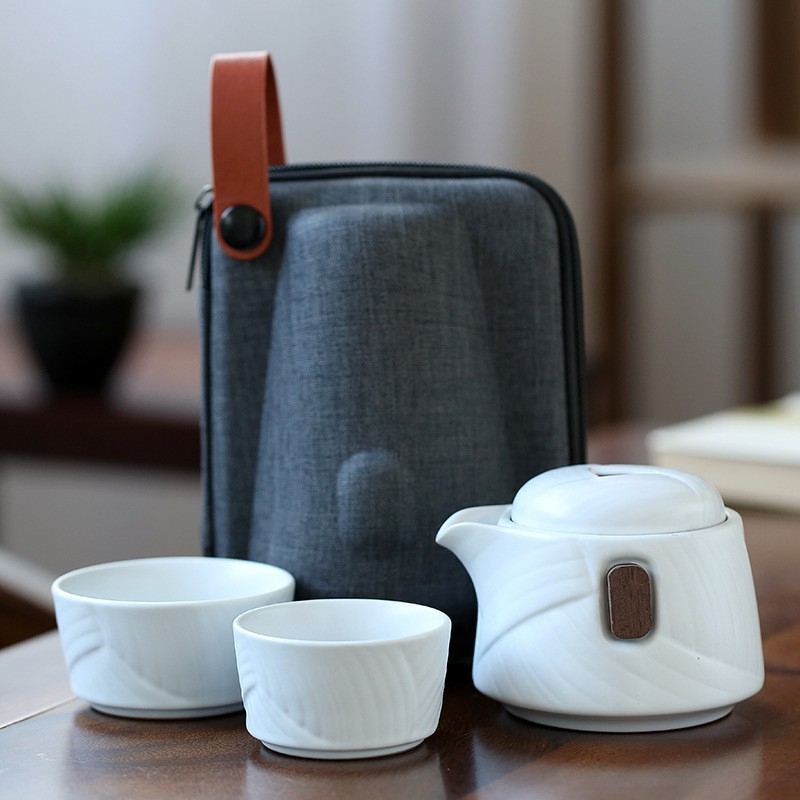 Set de ceai ceramic de călătorie cu o ceainică și două cești, în cutie cadou, kit portabil pentru ceremonia ceaiului
