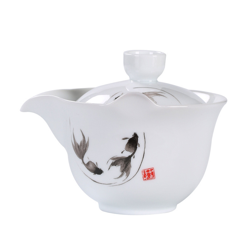 Ceainic mare din porțelan alb, cu mâner și vas cu capac pentru infuzare, set de ceai kung fu pentru uz casnic, posibilitatea personalizării siglei