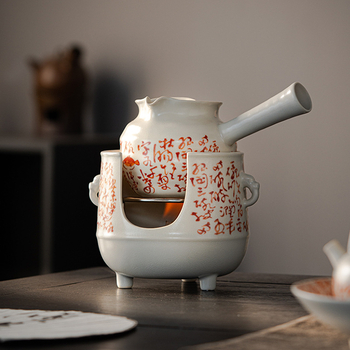 Set de ceai Kung Fu pentru exterior, ceainic ceramic cu glazură de sodă, plită cu cărbune și plită cu alcool, roșu