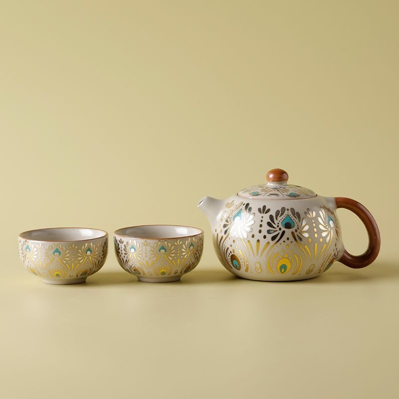 Kit ceramic Kung Fu pentru ceai: ceainic și două cești, pentru uz casnic
