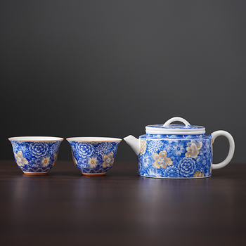 Set de ceai ceramic în stil chinezesc, ceainic Han cu glazură Grass Ash albastru-gri, 1 ceainic și 2 cești, pentru uz casnic, stil retro, calitate înaltă