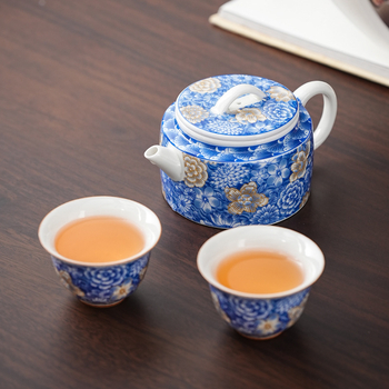 Set de ceai ceramic în stil chinezesc, ceainic Han cu glazură Grass Ash albastru-gri, 1 ceainic și 2 cești, pentru uz casnic, stil retro, calitate înaltă