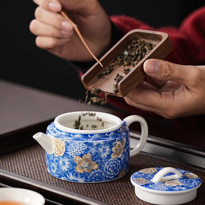 Set de ceai ceramic în stil chinezesc, ceainic Han cu glazură Grass Ash albastru-gri, 1 ceainic și 2 cești, pentru uz casnic, stil retro, calitate înaltă