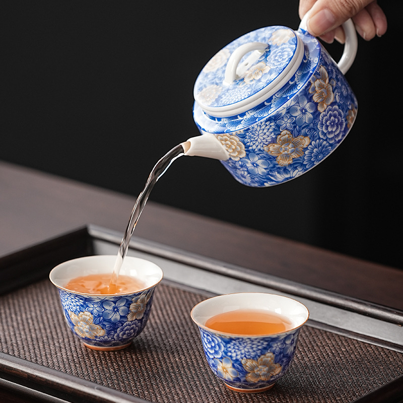 Set de ceai ceramic în stil chinezesc, ceainic Han cu glazură Grass Ash albastru-gri, 1 ceainic și 2 cești, pentru uz casnic, stil retro, calitate înaltă