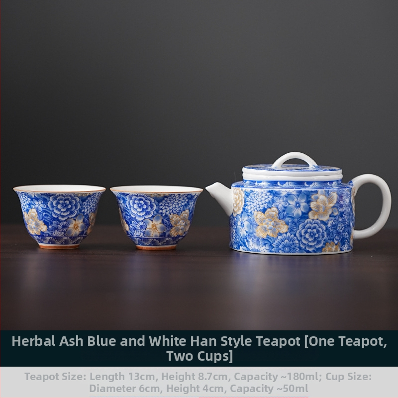 Set de ceai ceramic în stil chinezesc, ceainic Han cu glazură Grass Ash albastru-gri, 1 ceainic și 2 cești, pentru uz casnic, stil retro, calitate înaltă