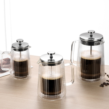 Presa franțuzească din sticlă, cu pereți dubli, rezistentă la temperatură, pentru cafea și ceai, cu dungi verticale