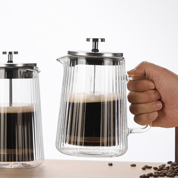 Presa franțuzească din sticlă, cu pereți dubli, rezistentă la temperatură, pentru cafea și ceai, cu dungi verticale