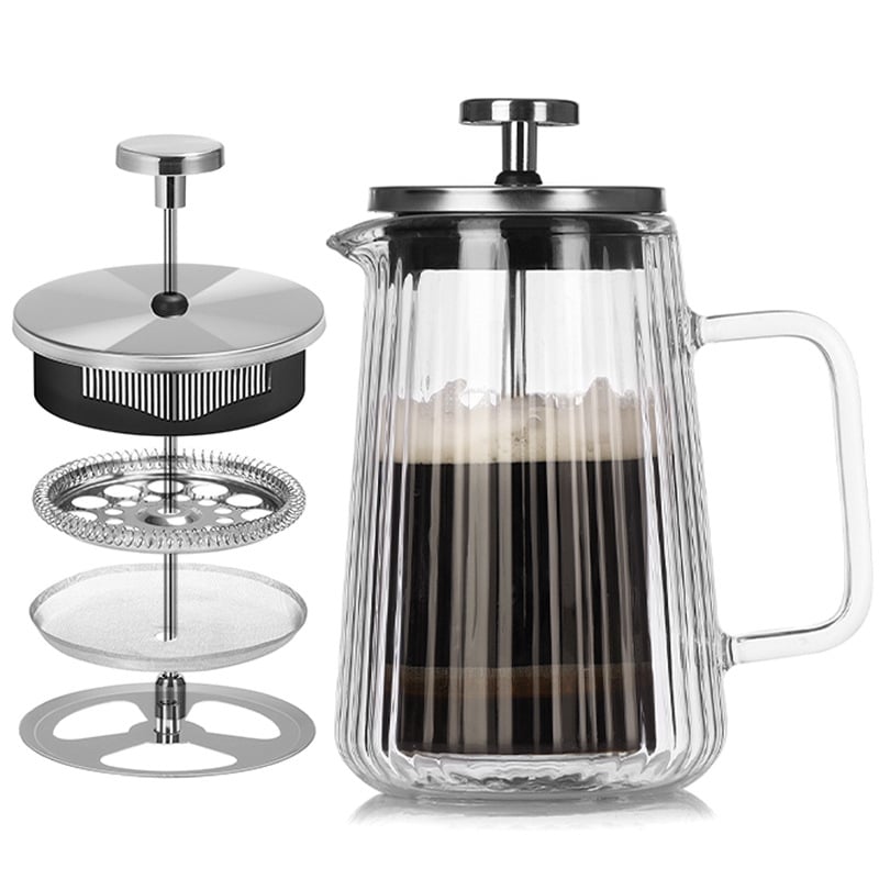 Presa franțuzească din sticlă, cu pereți dubli, rezistentă la temperatură, pentru cafea și ceai, cu dungi verticale