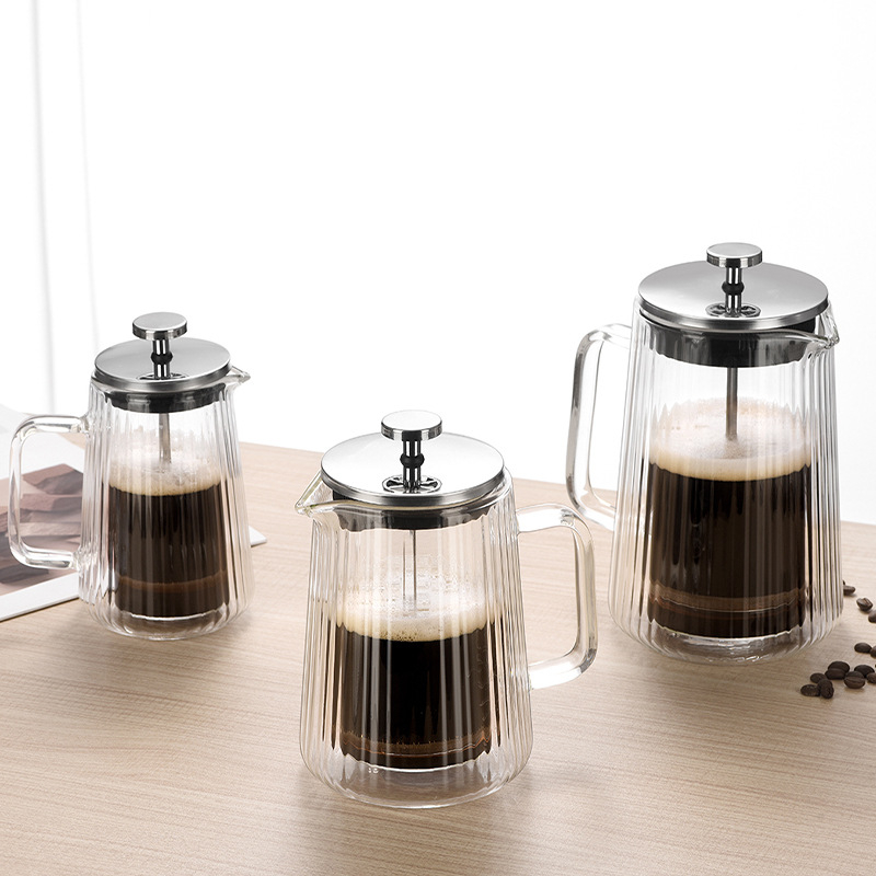 Presa franțuzească din sticlă, cu pereți dubli, rezistentă la temperatură, pentru cafea și ceai, cu dungi verticale
