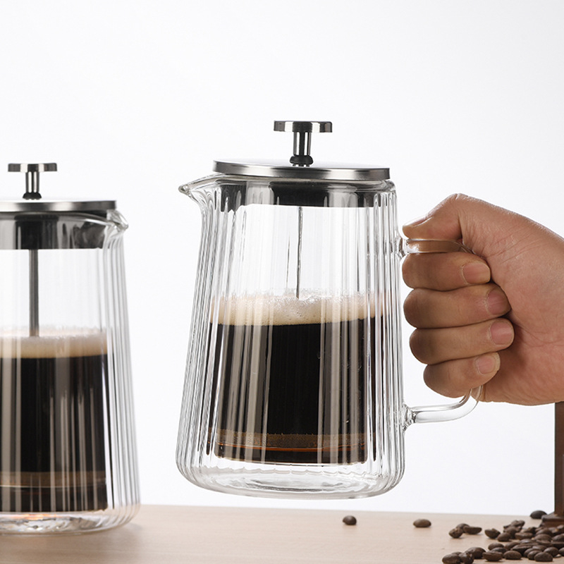 Presa franțuzească din sticlă, cu pereți dubli, rezistentă la temperatură, pentru cafea și ceai, cu dungi verticale