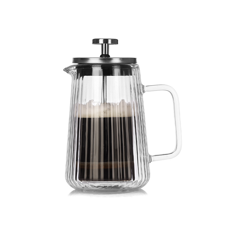 Presa franțuzească din sticlă, cu pereți dubli, rezistentă la temperatură, pentru cafea și ceai, cu dungi verticale