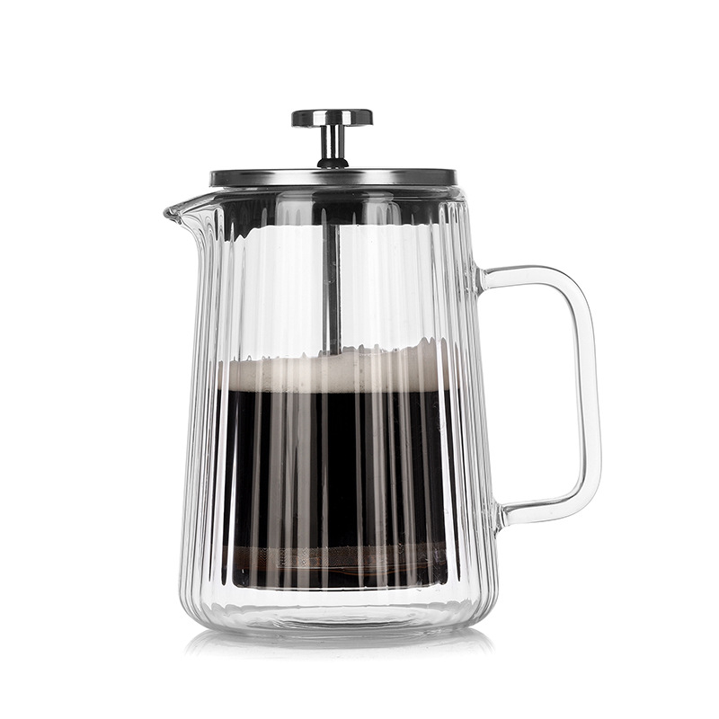 Presa franțuzească din sticlă, cu pereți dubli, rezistentă la temperatură, pentru cafea și ceai, cu dungi verticale