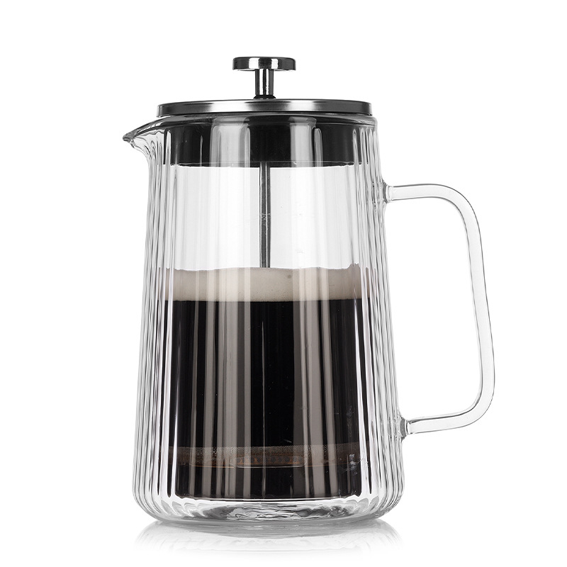 Presa franțuzească din sticlă, cu pereți dubli, rezistentă la temperatură, pentru cafea și ceai, cu dungi verticale