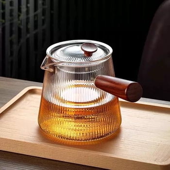 Ceainic din sticlă cu mâner lateral, mâner din lemn rezistent la temperaturi înalte, filtru pentru ceai, set de ceai pentru plita electrică ceramică