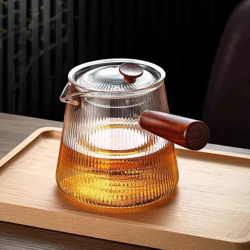 Ceainic din sticlă cu mâner lateral, mâner din lemn rezistent la temperaturi înalte, filtru pentru ceai, set de ceai pentru plita electrică ceramică