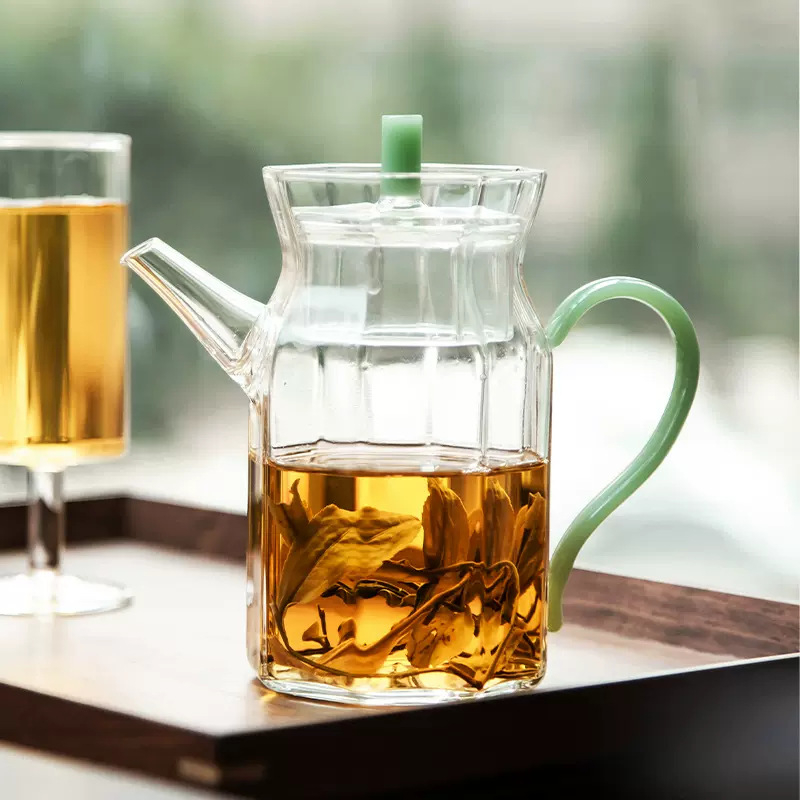 Ceainic din sticlă octagonal, în stilul Dinastiei Song, cu mâner, rezistent la temperaturi înalte, pentru ceai verde acasă și în scop comercial